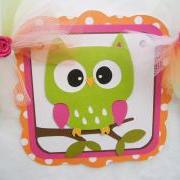 Owl banner, baby shower banner, green, orange, pink, white, its a girl,